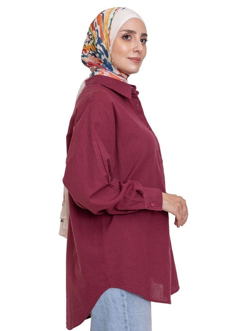 Brick Red Linen Pocket Over Size Shirt - Khotwh